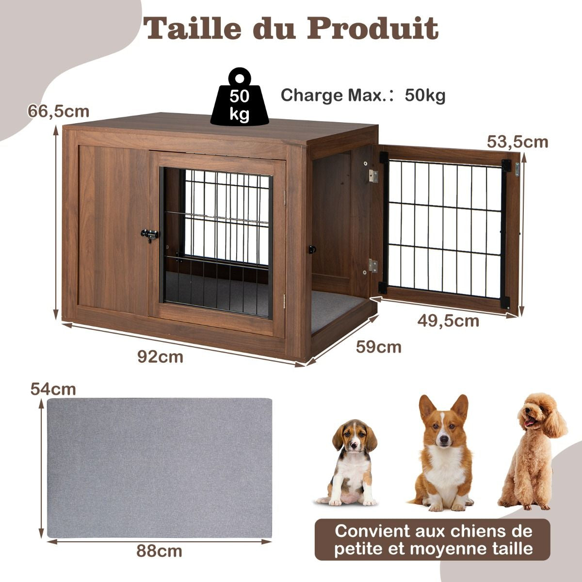 Cage Pour Chien Animaux Avec 2 Portes Verrouillables Coussin En Lin Style Industriel Meuble Caisse Pour Chien 92X59X66,5 CM Noyer