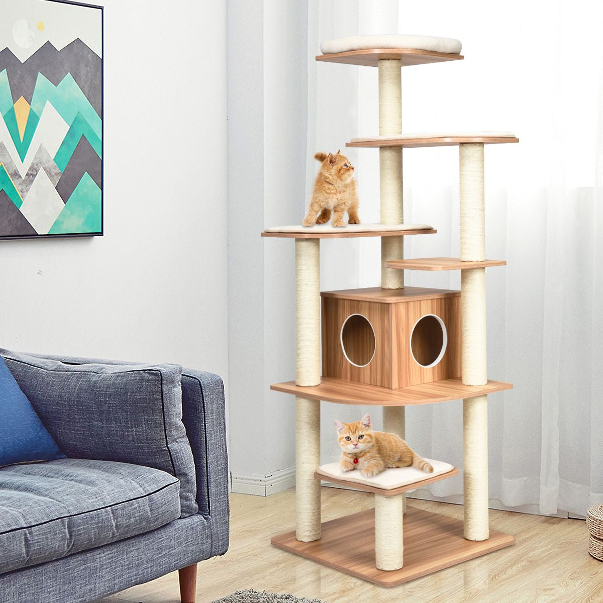 Arbre À Chat Avec Plateformes Et Colonnes En Sisal Griffoir Pour Chat Géant De Hauteur 175 Cm Café/Beige