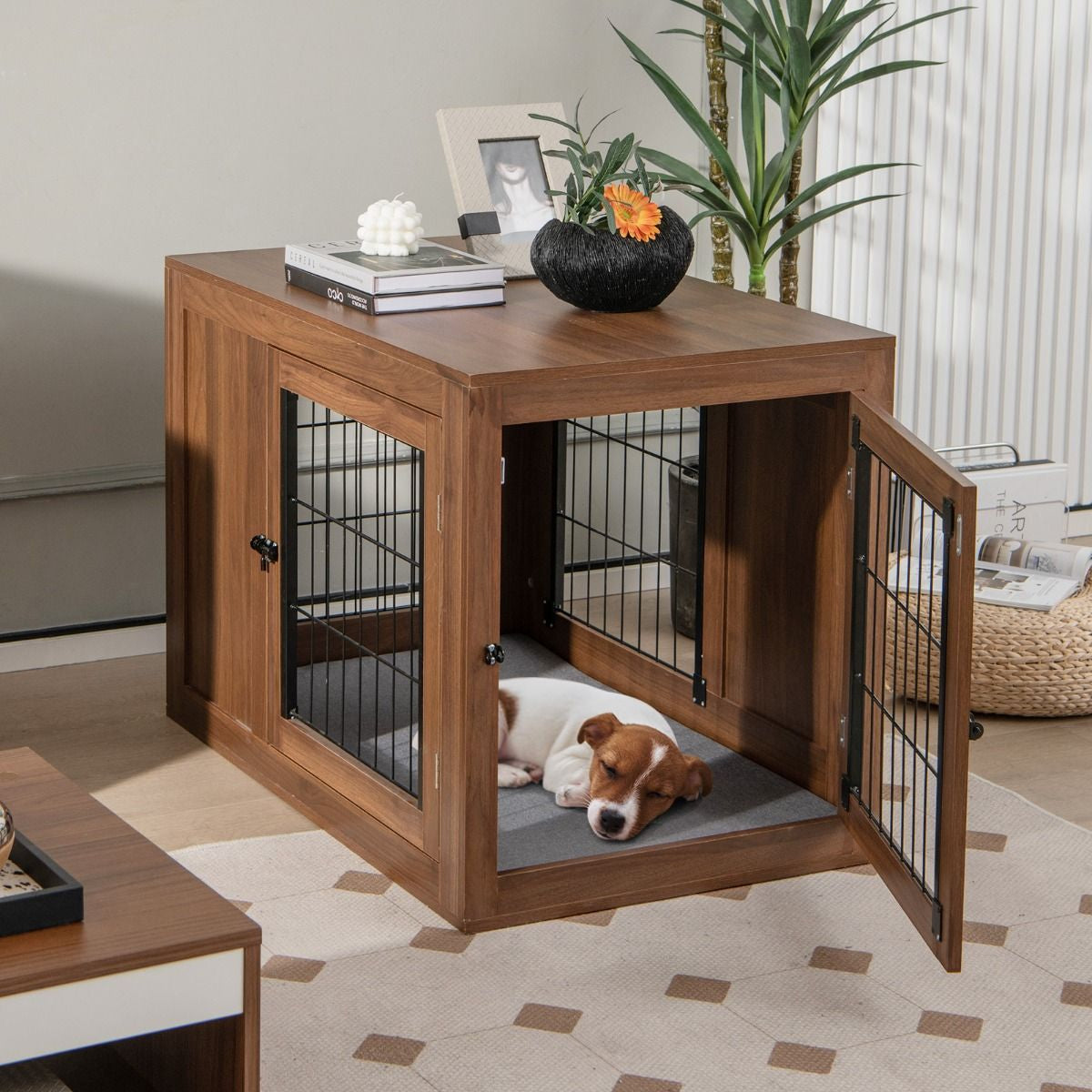 Cage Pour Chien Animaux Avec 2 Portes Verrouillables Coussin En Lin Style Industriel Meuble Caisse Pour Chien 92X59X66,5 CM Noyer