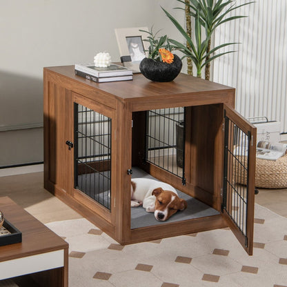 Cage Pour Chien Animaux Avec 2 Portes Verrouillables Coussin En Lin Style Industriel Meuble Caisse Pour Chien 92X59X66,5 CM Noyer