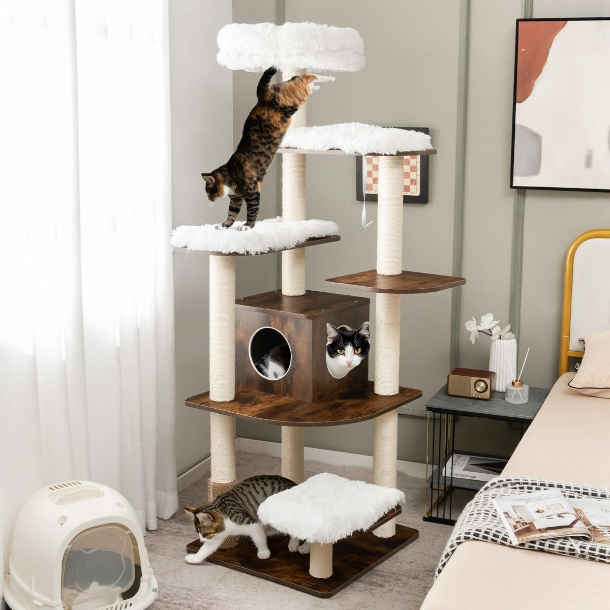 Arbre À Chat Avec Plateformes Et Colonnes En Sisal Griffoir Pour Chat Géant De Hauteur 175 Cm Café/Beige