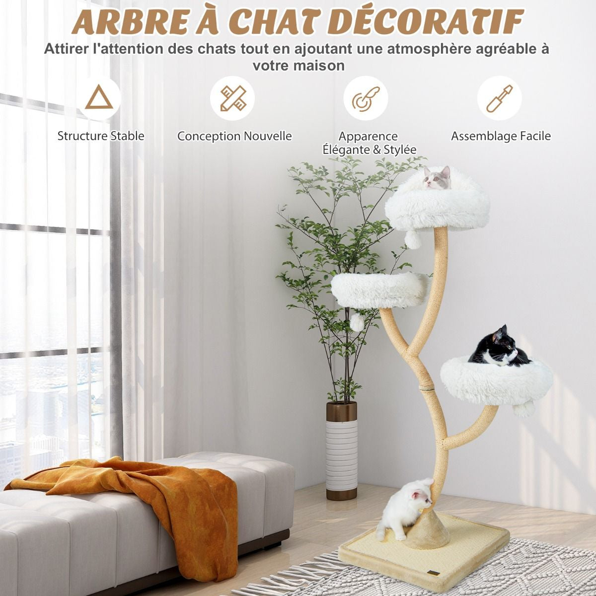 Arbre À Chat 178 CM Avec Cadre En Métal Incurvé Tour À Chat Avec 3 Balles Suspendues 3 Perchoirs Griffoir En Sisal Gris/Beige