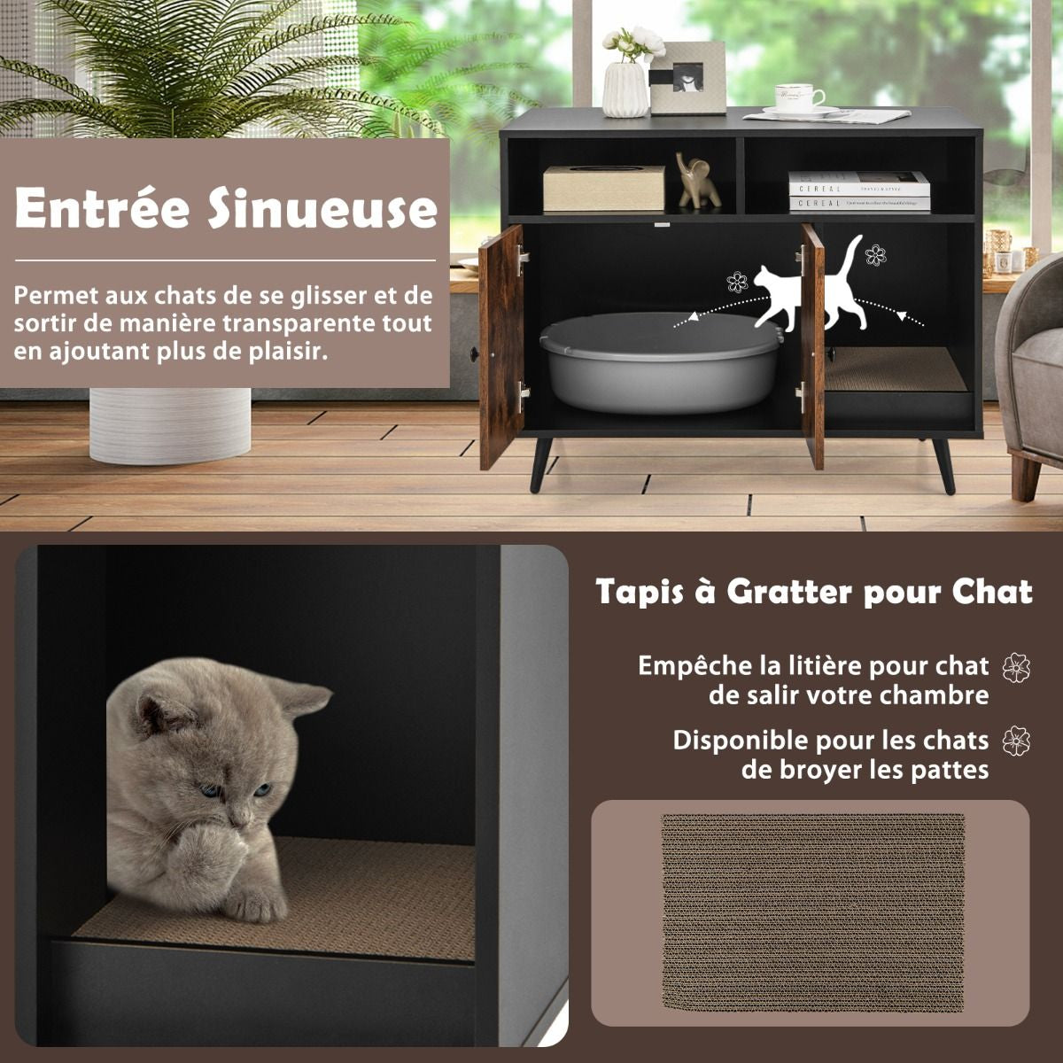 Maison De Toilette Pour Chat Industriel Avec Griffoir 90X50X70Cm Meuble À Litière Avec 2 Portes Dispositif Anti-Basculement