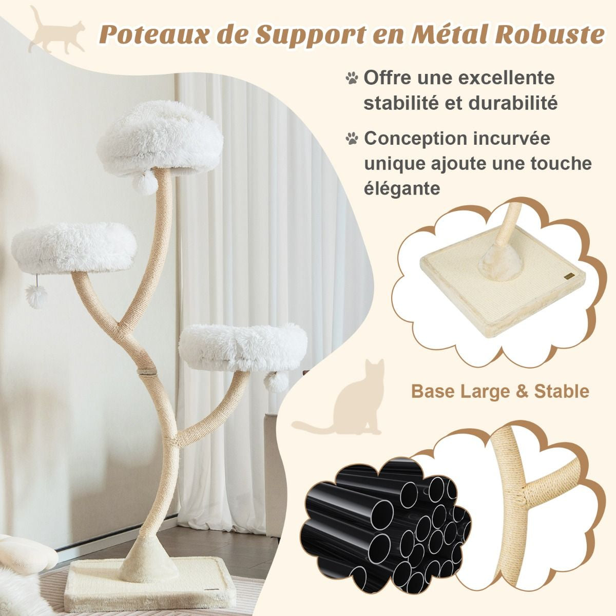 Arbre À Chat 178 CM Avec Cadre En Métal Incurvé Tour À Chat Avec 3 Balles Suspendues 3 Perchoirs Griffoir En Sisal Gris/Beige