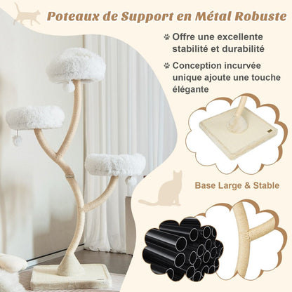 Arbre À Chat 178 CM Avec Cadre En Métal Incurvé Tour À Chat Avec 3 Balles Suspendues 3 Perchoirs Griffoir En Sisal Gris/Beige