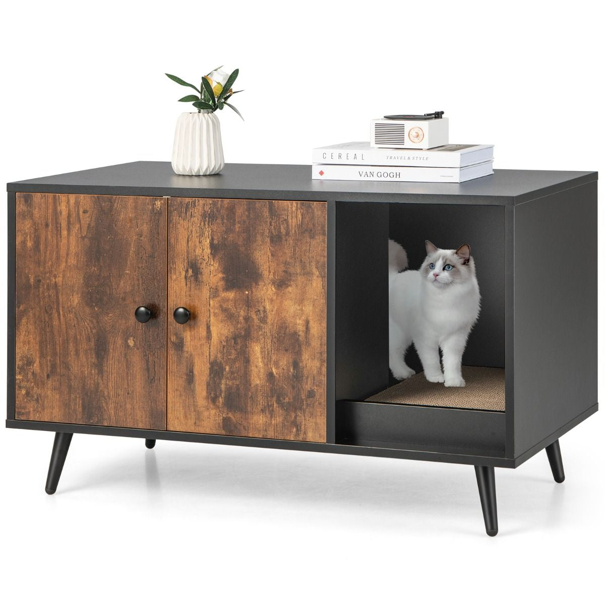 Meuble Moderne Pour Bac À Litière Pour Chat Armoire À Double Porte Étagère Ouverte Pour Chat Armoire De Toilette Pour Chat