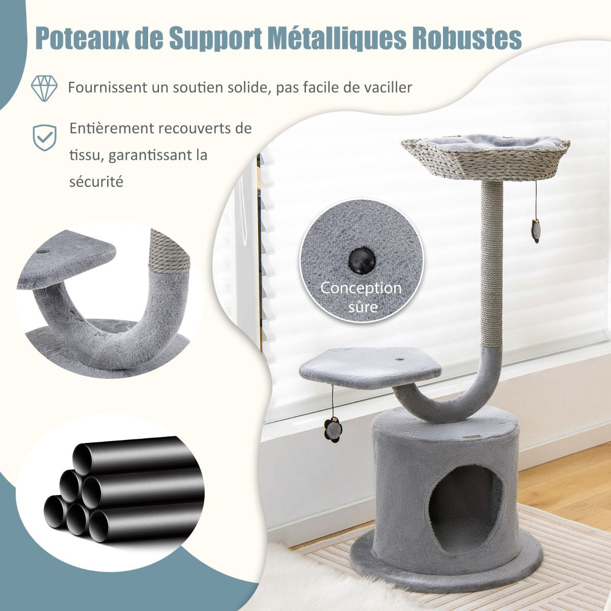 Arbre À Chat 106 CM Perchoir Condo Et 2 Balles Suspendues Tour À Chat Poteaux De Soutien En Métal Et Coussin Amovible Gris