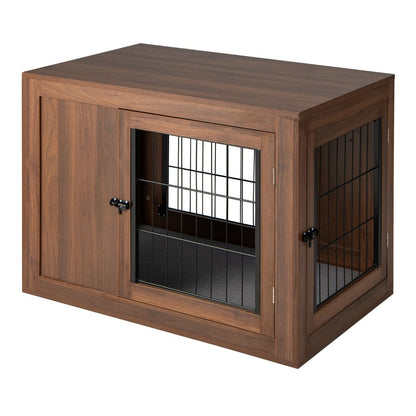 Cage Pour Chien Animaux Avec 2 Portes Verrouillables Coussin En Lin Style Industriel Meuble Caisse Pour Chien 92X59X66,5 CM Noyer