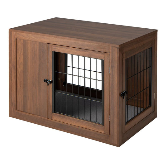 Cage Pour Chien Animaux Avec 2 Portes Verrouillables Coussin En Lin Style Industriel Meuble Caisse Pour Chien 92X59X66,5 CM Noyer