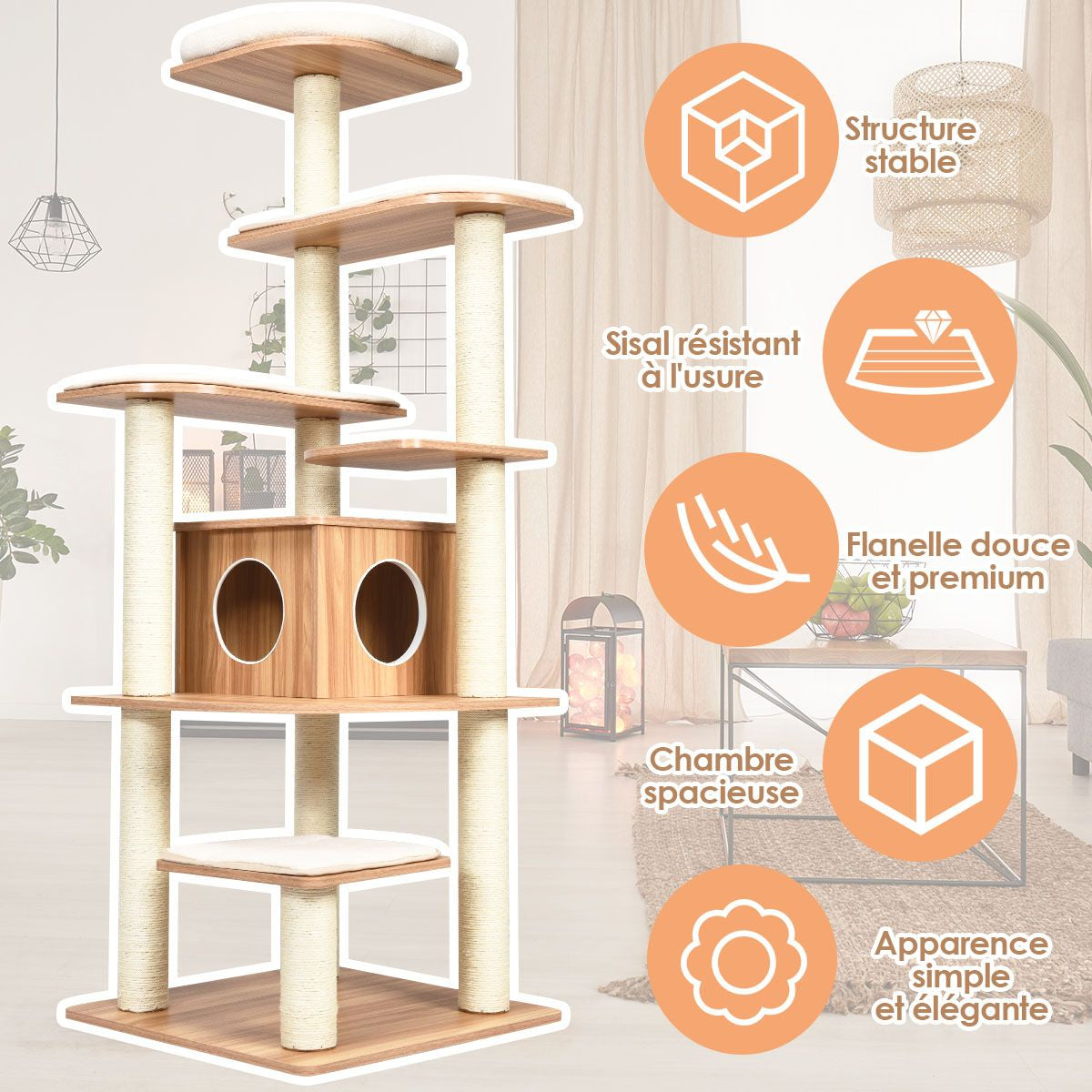 Arbre À Chat Avec Plateformes Et Colonnes En Sisal Griffoir Pour Chat Géant De Hauteur 175 Cm Café/Beige