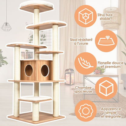 Arbre À Chat Avec Plateformes Et Colonnes En Sisal Griffoir Pour Chat Géant De Hauteur 175 Cm Café/Beige