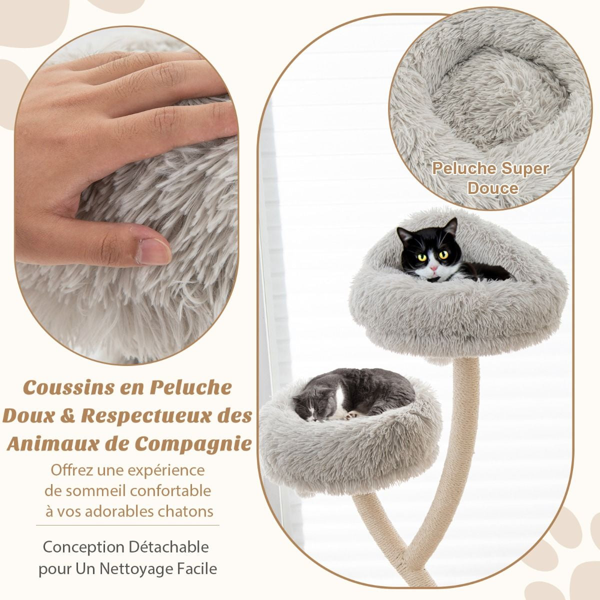 Arbre À Chat 178 CM Avec Cadre En Métal Incurvé Tour À Chat Avec 3 Balles Suspendues 3 Perchoirs Griffoir En Sisal Gris/Beige
