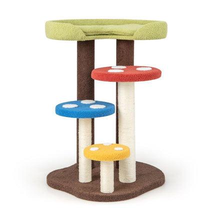 Arbre À Chat 3 En 1 Tour À Chat 5 Niveaux 3 Poteaux Entièrement Enveloppés De Sisal Tapis Et Plates-Formes Amovibles Motifs Champignons Coloré
