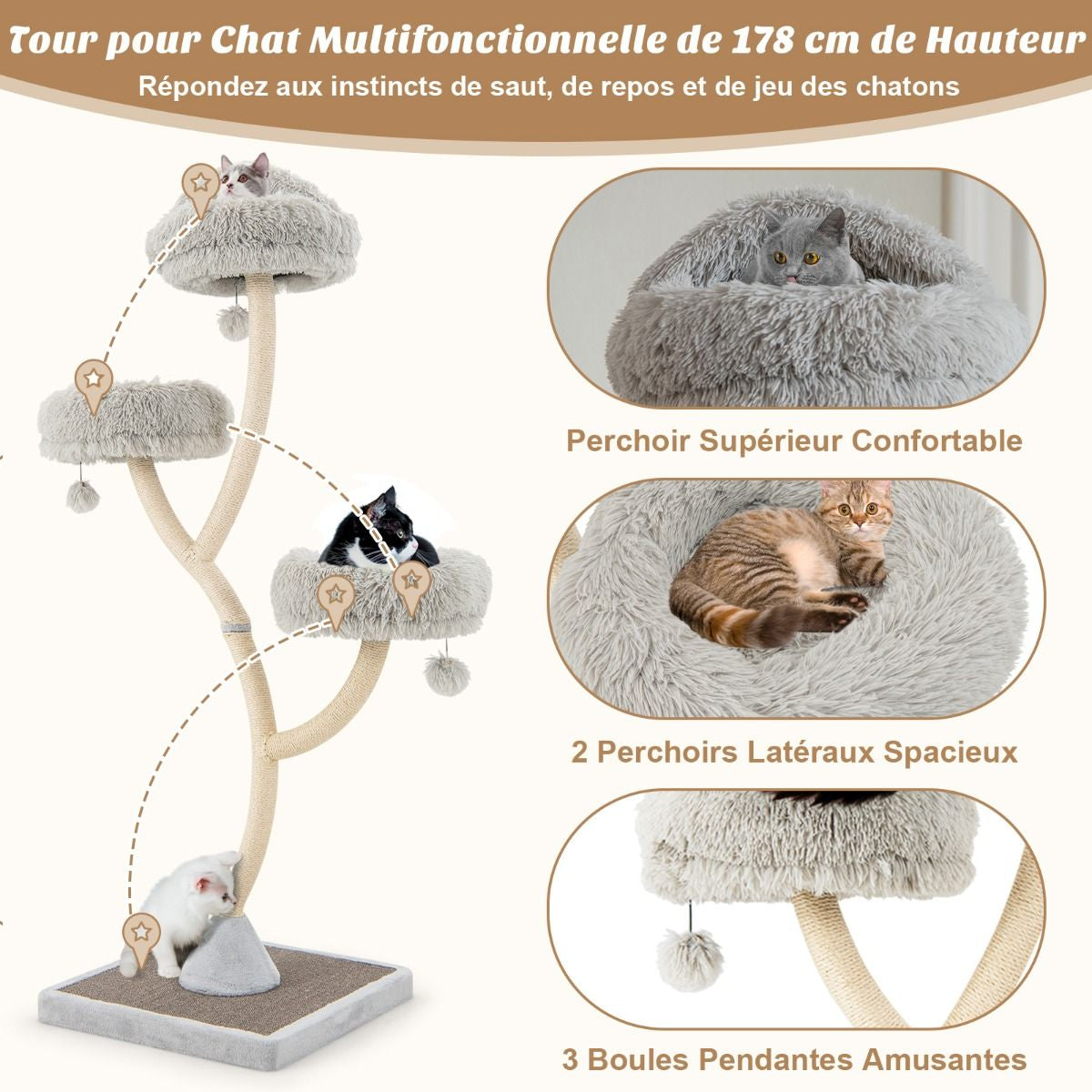 Arbre À Chat 178 CM Avec Cadre En Métal Incurvé Tour À Chat Avec 3 Balles Suspendues 3 Perchoirs Griffoir En Sisal Gris/Beige