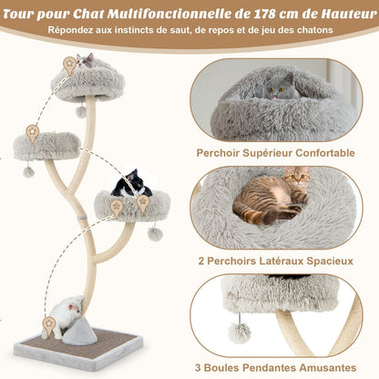 Arbre À Chat 178 CM Avec Cadre En Métal Incurvé Tour À Chat Avec 3 Balles Suspendues 3 Perchoirs Griffoir En Sisal Gris/Beige