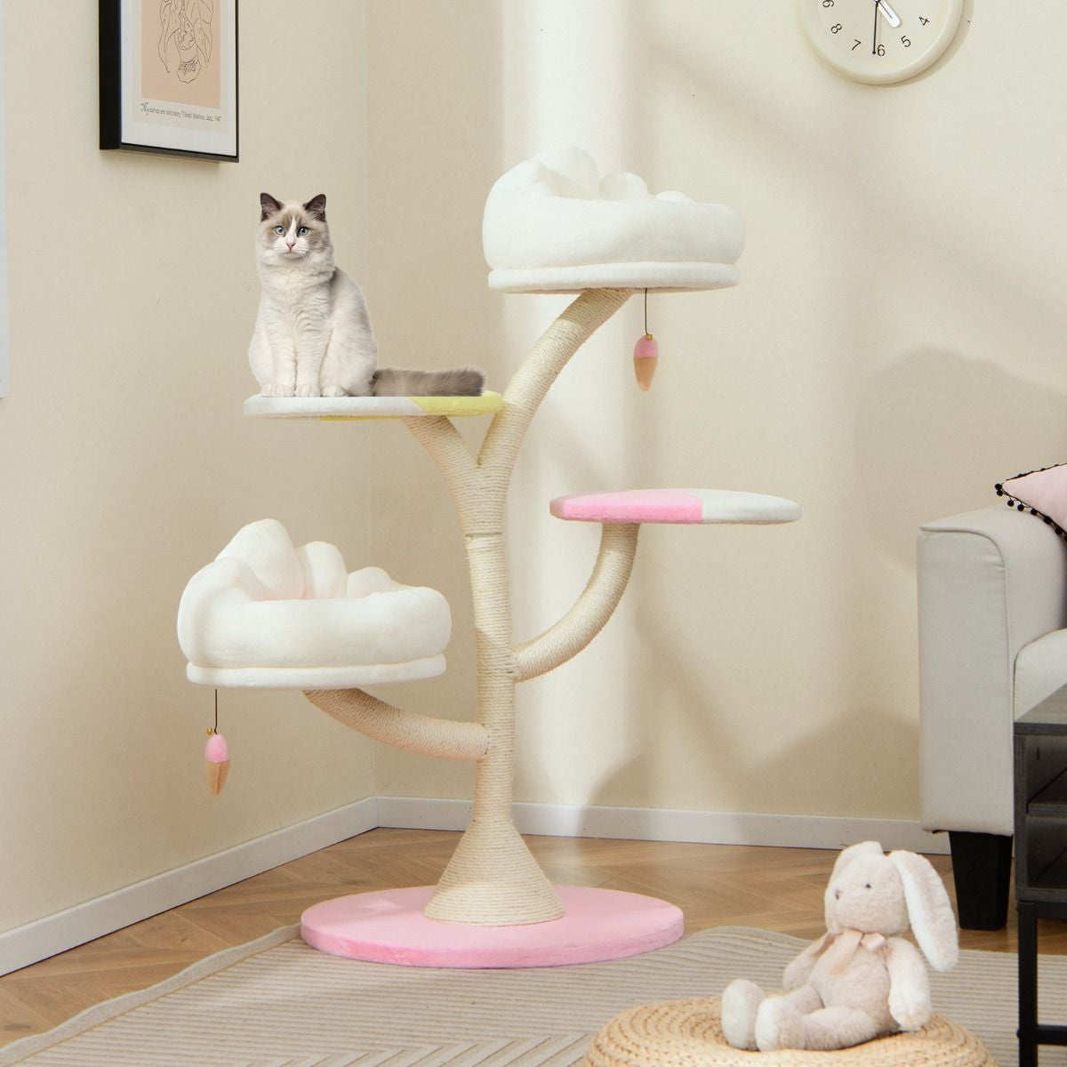 Arbre À Chat Multicouche Tour À Chat Mignonne Avec 2 Perchoirs 2 Plateformes Balles Suspendues Griffoir En Sisal Centre D'Activités Rose