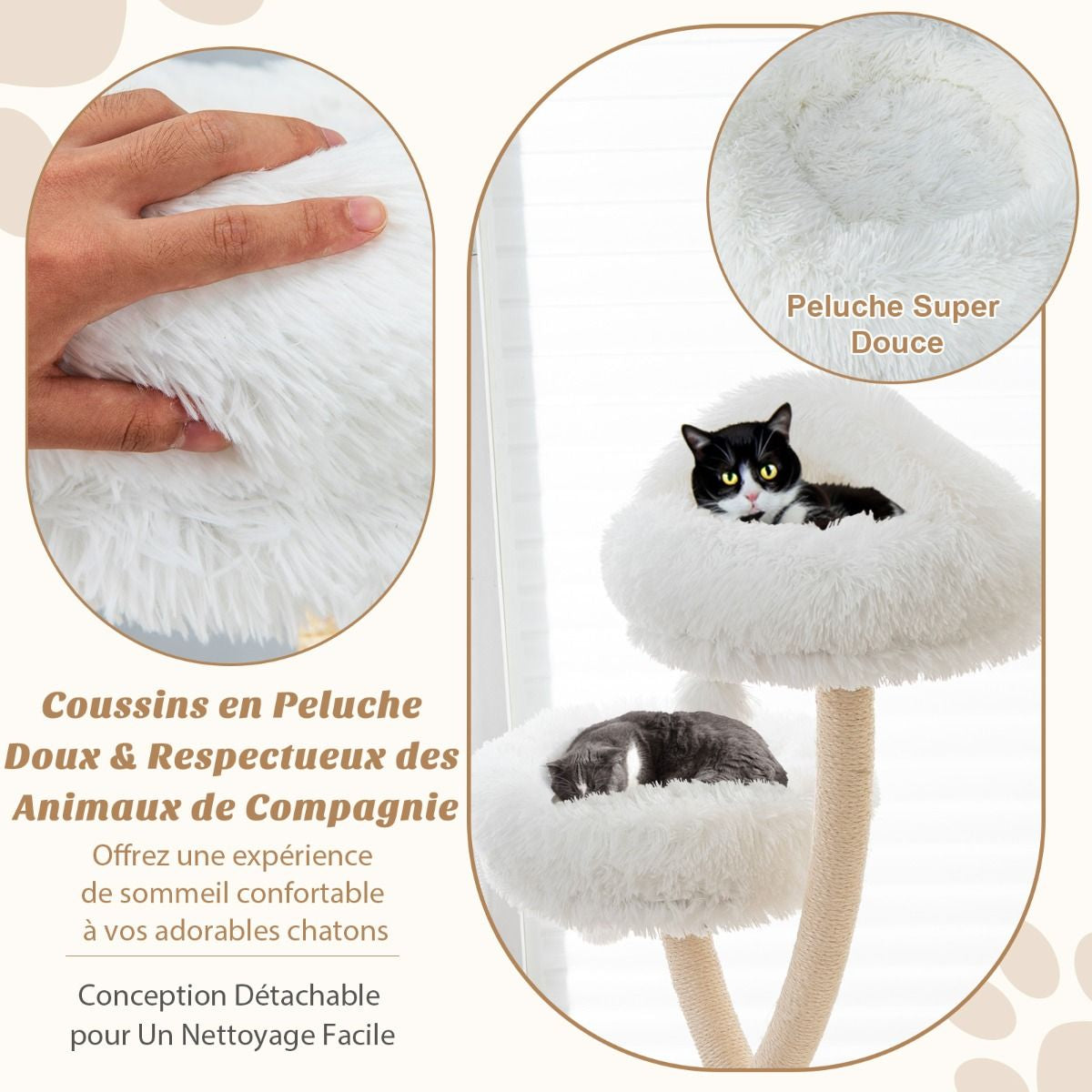 Arbre À Chat 178 CM Avec Cadre En Métal Incurvé Tour À Chat Avec 3 Balles Suspendues 3 Perchoirs Griffoir En Sisal Gris/Beige