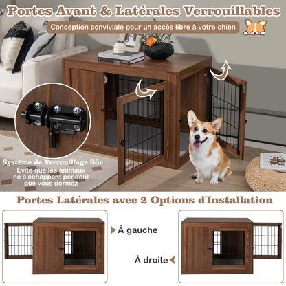 Cage Pour Chien Animaux Avec 2 Portes Verrouillables Coussin En Lin Style Industriel Meuble Caisse Pour Chien 92X59X66,5 CM Noyer