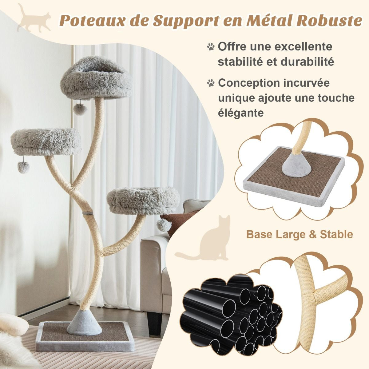 Arbre À Chat 178 CM Avec Cadre En Métal Incurvé Tour À Chat Avec 3 Balles Suspendues 3 Perchoirs Griffoir En Sisal Gris/Beige