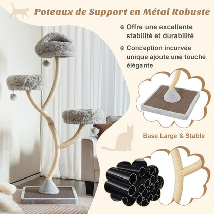 Arbre À Chat 178 CM Avec Cadre En Métal Incurvé Tour À Chat Avec 3 Balles Suspendues 3 Perchoirs Griffoir En Sisal Gris/Beige
