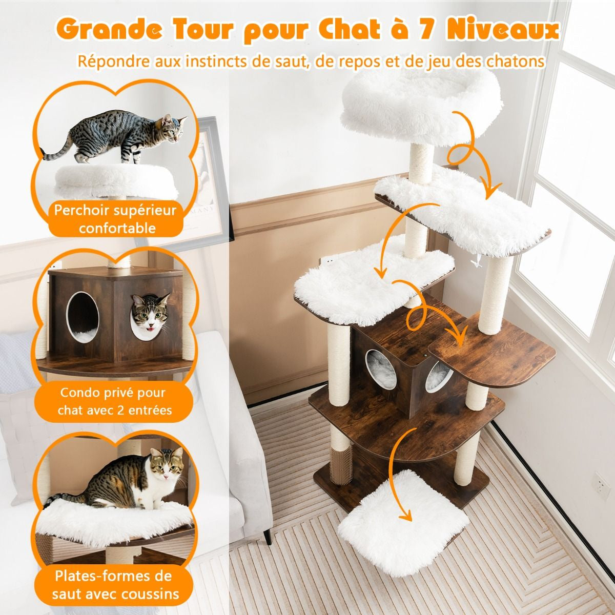 Arbre À Chat Avec Plateformes Et Colonnes En Sisal Griffoir Pour Chat Géant De Hauteur 175 Cm Café/Beige