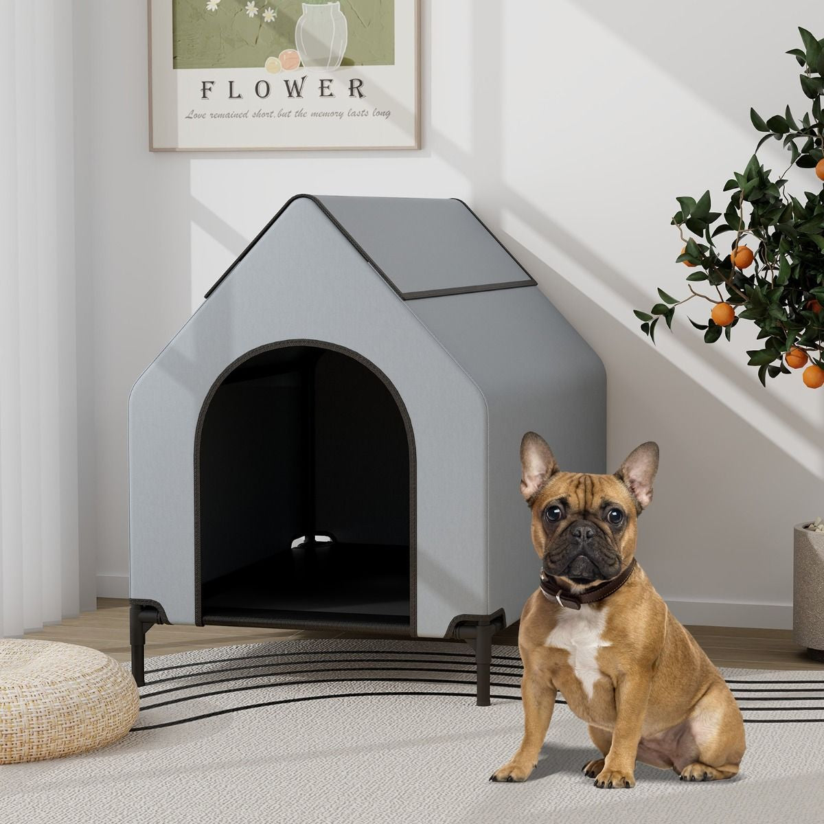 Niche Surélevée De 91 Cm Pour Petits Chiens Fenêtre Ventilée Housse Amovible Intérieur Extérieur Lit Pour Animaux De Compagnie Gris