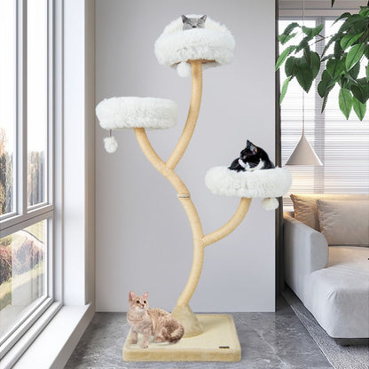 Arbre À Chat 178 CM Avec Cadre En Métal Incurvé Tour À Chat Avec 3 Balles Suspendues 3 Perchoirs Griffoir En Sisal Gris/Beige