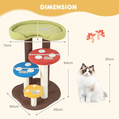 Arbre À Chat 3 En 1 Tour À Chat 5 Niveaux 3 Poteaux Entièrement Enveloppés De Sisal Tapis Et Plates-Formes Amovibles Motifs Champignons Coloré