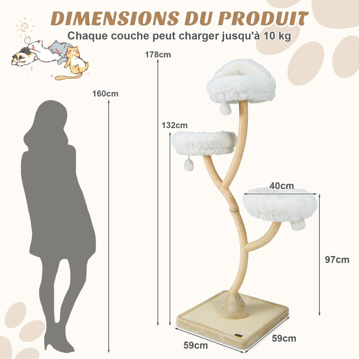 Arbre À Chat 178 CM Avec Cadre En Métal Incurvé Tour À Chat Avec 3 Balles Suspendues 3 Perchoirs Griffoir En Sisal Gris/Beige