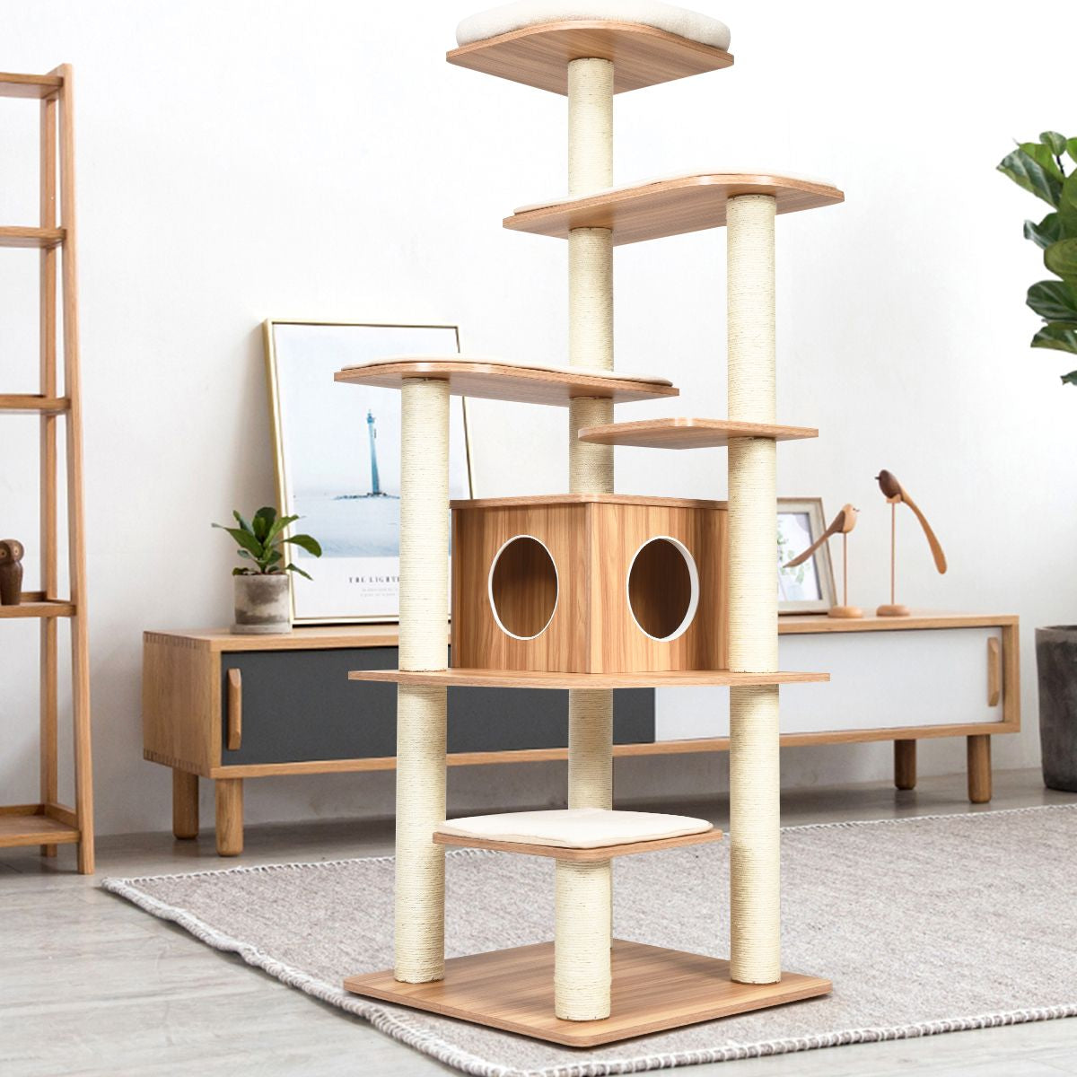 Arbre À Chat Avec Plateformes Et Colonnes En Sisal Griffoir Pour Chat Géant De Hauteur 175 Cm Café/Beige