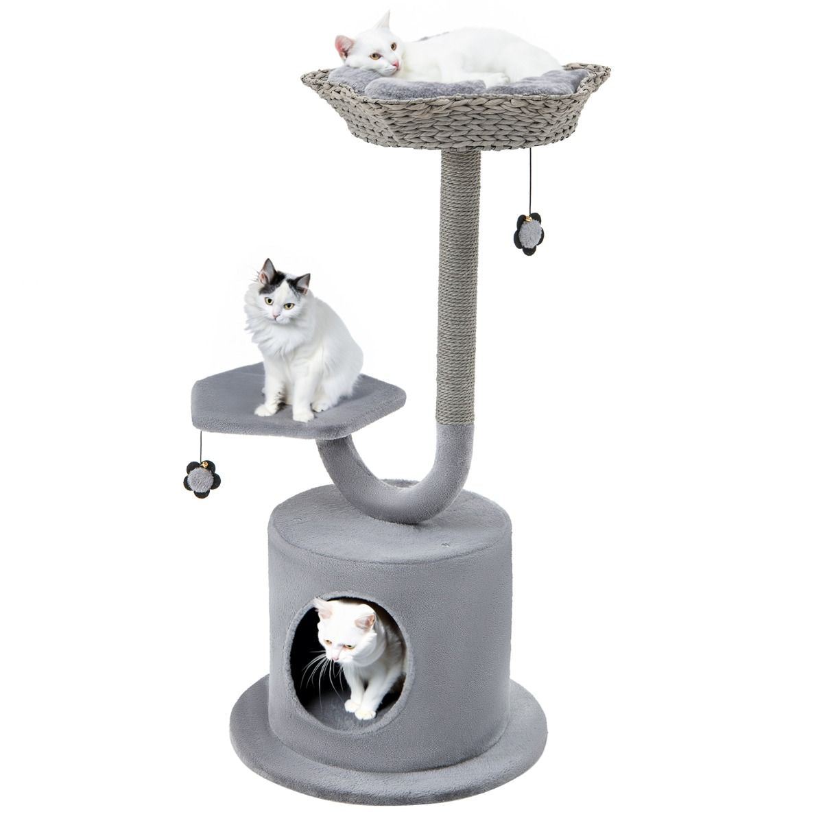 Arbre À Chat 106 CM Perchoir Condo Et 2 Balles Suspendues Tour À Chat Poteaux De Soutien En Métal Et Coussin Amovible Gris