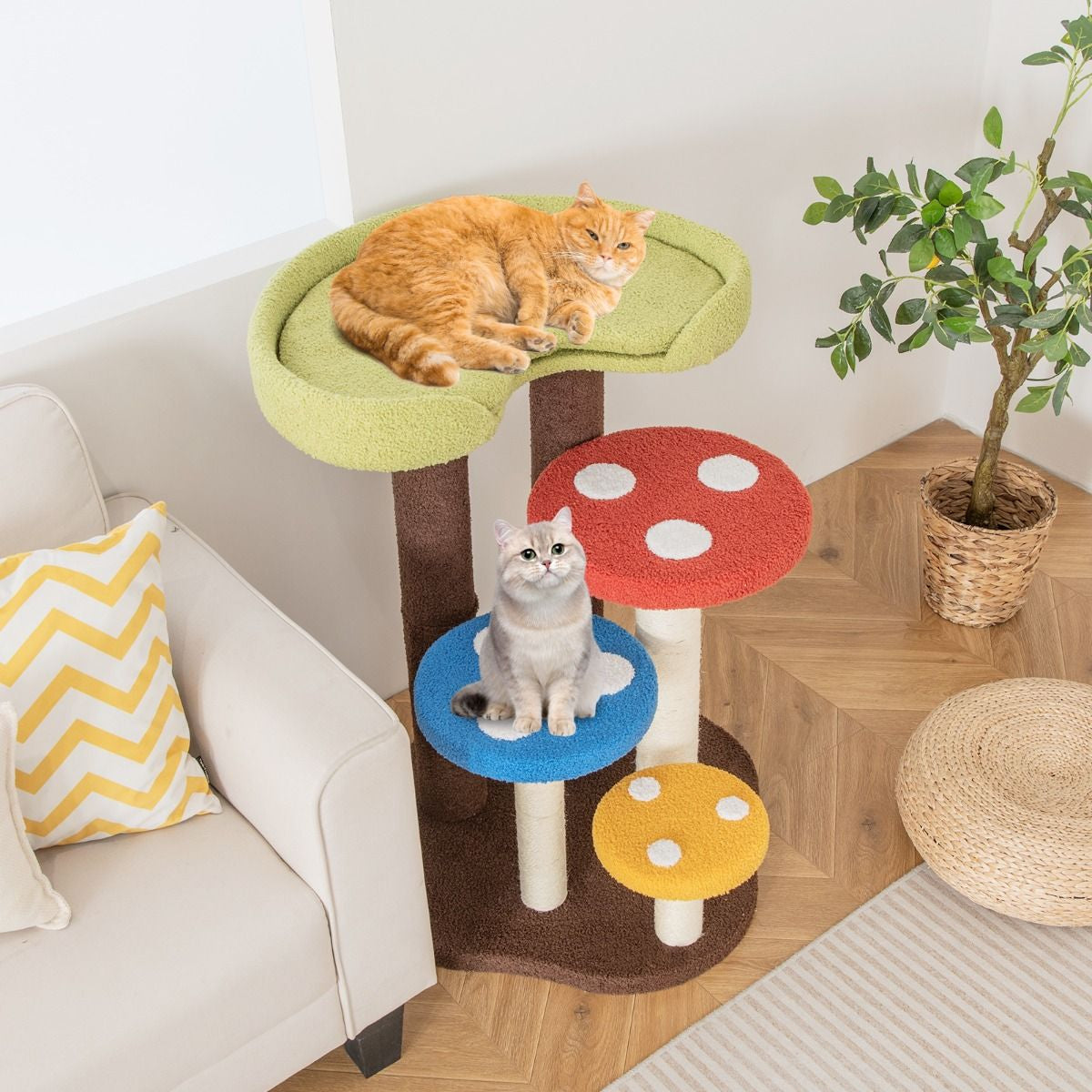 Arbre À Chat 3 En 1 Tour À Chat 5 Niveaux 3 Poteaux Entièrement Enveloppés De Sisal Tapis Et Plates-Formes Amovibles Motifs Champignons Coloré