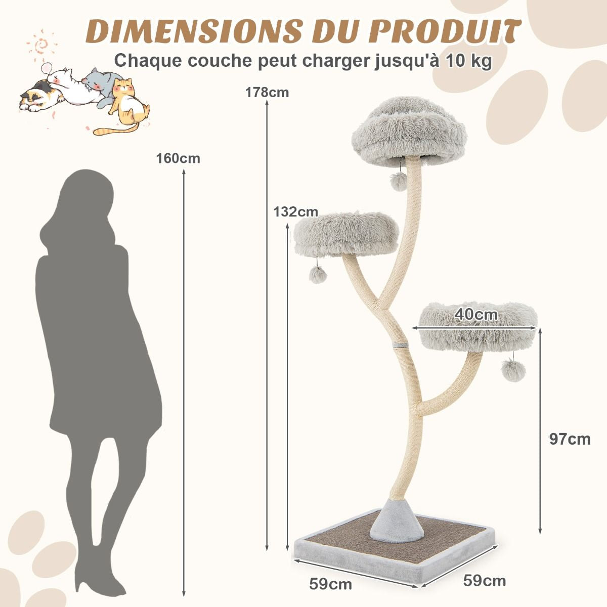 Arbre À Chat 178 CM Avec Cadre En Métal Incurvé Tour À Chat Avec 3 Balles Suspendues 3 Perchoirs Griffoir En Sisal Gris/Beige