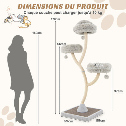 Arbre À Chat 178 CM Avec Cadre En Métal Incurvé Tour À Chat Avec 3 Balles Suspendues 3 Perchoirs Griffoir En Sisal Gris/Beige