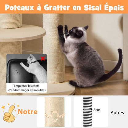 Arbre À Chat En Bois À 6 Niveaux Tour À Chat Avec Perchoir Rembourré Hamac Griffoirs En Sisal Entièrement Enveloppés 3 Plates-Formes Gris
