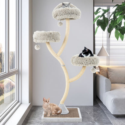 Arbre À Chat 178 CM Avec Cadre En Métal Incurvé Tour À Chat Avec 3 Balles Suspendues 3 Perchoirs Griffoir En Sisal Gris/Beige
