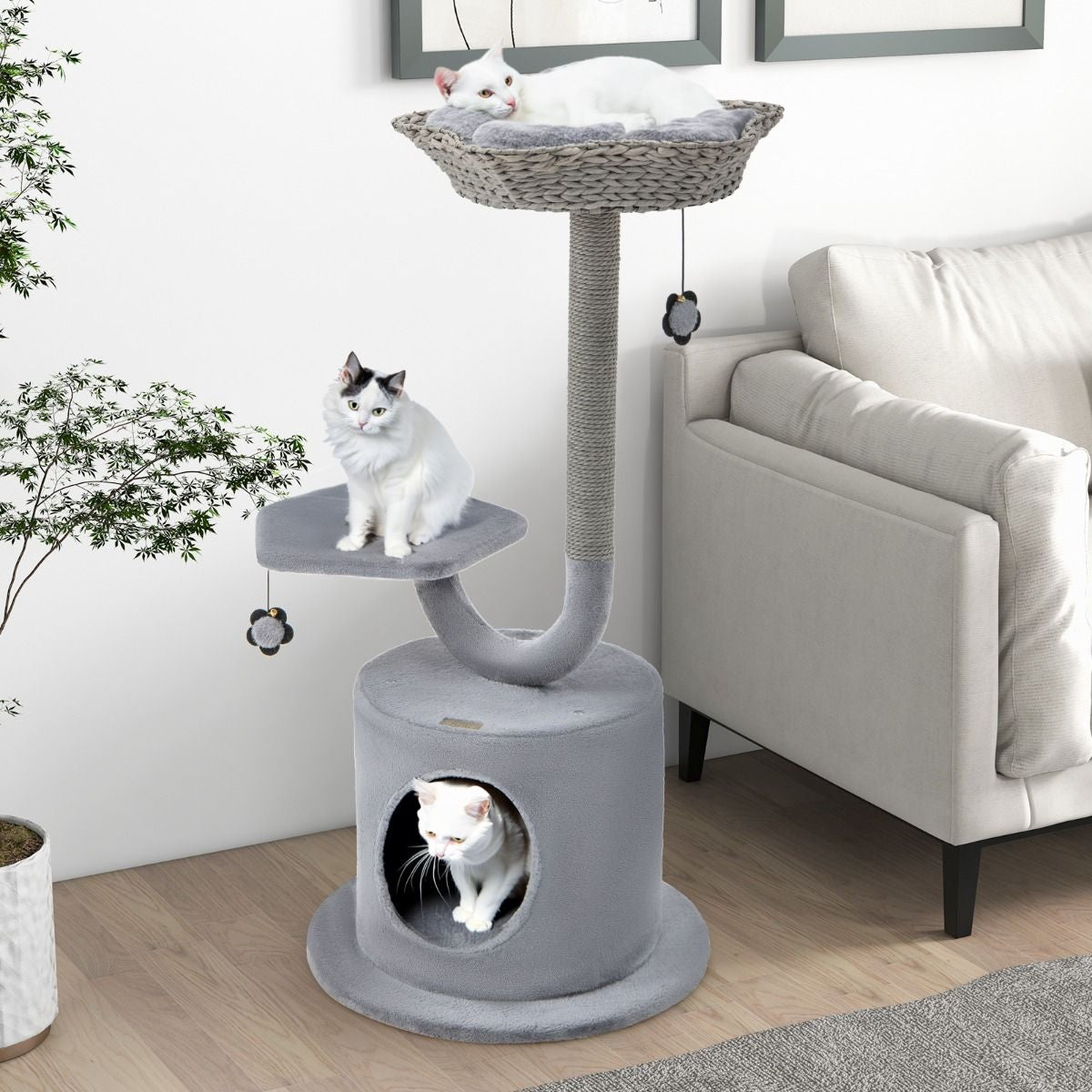 Arbre À Chat 106 CM Perchoir Condo Et 2 Balles Suspendues Tour À Chat Poteaux De Soutien En Métal Et Coussin Amovible Gris