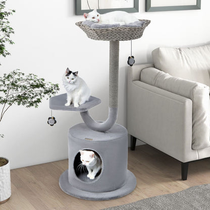 Arbre À Chat 106 CM Perchoir Condo Et 2 Balles Suspendues Tour À Chat Poteaux De Soutien En Métal Et Coussin Amovible Gris