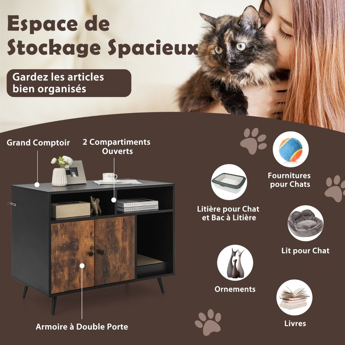 Maison De Toilette Pour Chat Industriel Avec Griffoir 90X50X70Cm Meuble À Litière Avec 2 Portes Dispositif Anti-Basculement