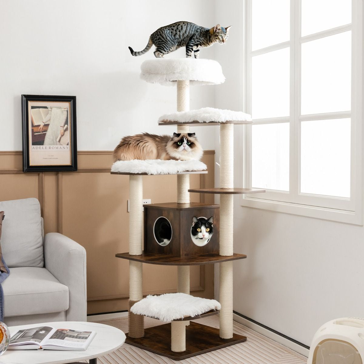 Arbre À Chat Avec Plateformes Et Colonnes En Sisal Griffoir Pour Chat Géant De Hauteur 175 Cm Café/Beige