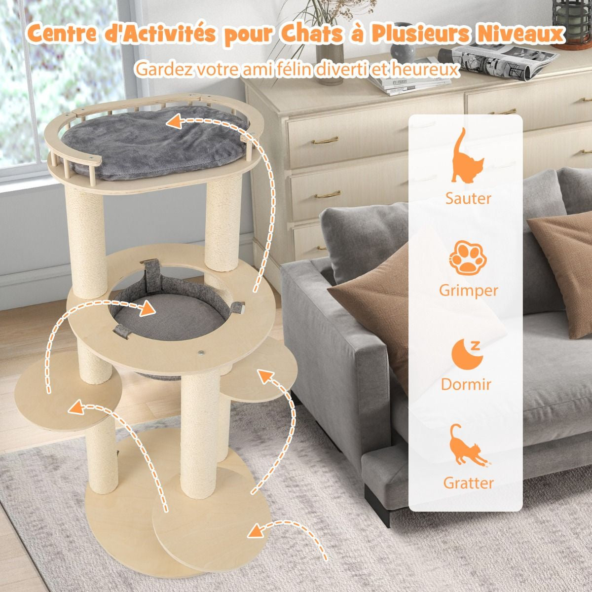 Arbre À Chat En Bois À 6 Niveaux Tour À Chat Avec Perchoir Rembourré Hamac Griffoirs En Sisal Entièrement Enveloppés 3 Plates-Formes Gris
