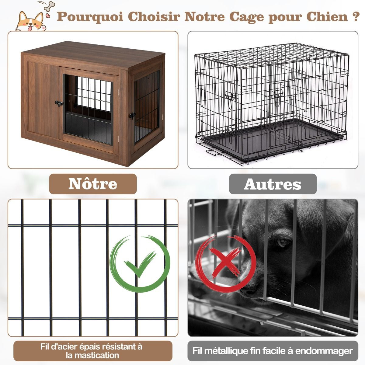 Cage Pour Chien Animaux Avec 2 Portes Verrouillables Coussin En Lin Style Industriel Meuble Caisse Pour Chien 92X59X66,5 CM Noyer