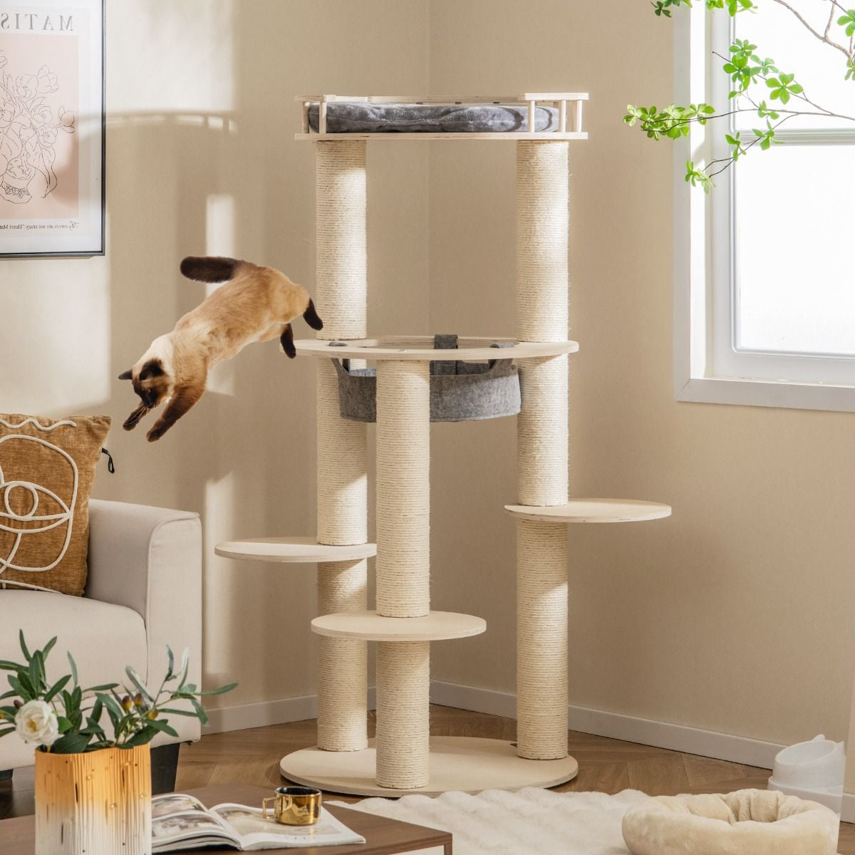 Arbre À Chat En Bois À 6 Niveaux Tour À Chat Avec Perchoir Rembourré Hamac Griffoirs En Sisal Entièrement Enveloppés 3 Plates-Formes Gris