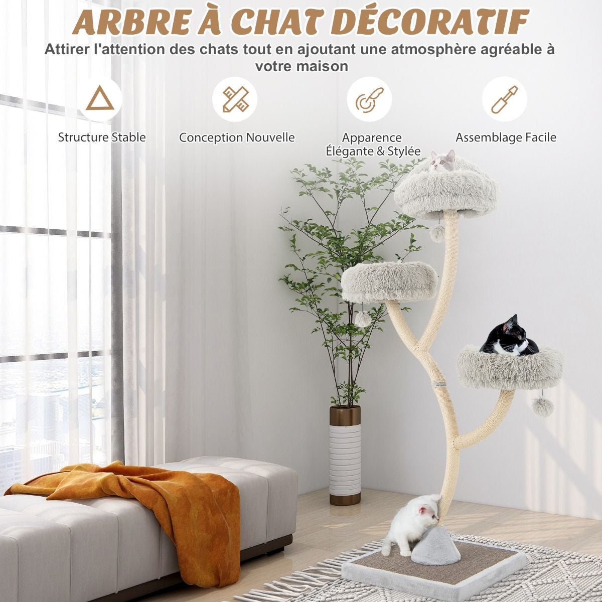 Arbre À Chat 178 CM Avec Cadre En Métal Incurvé Tour À Chat Avec 3 Balles Suspendues 3 Perchoirs Griffoir En Sisal Gris/Beige