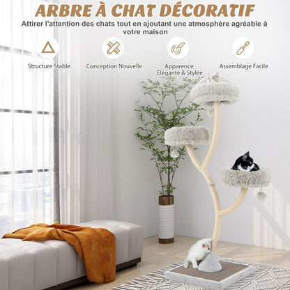 Arbre À Chat 178 CM Avec Cadre En Métal Incurvé Tour À Chat Avec 3 Balles Suspendues 3 Perchoirs Griffoir En Sisal Gris/Beige