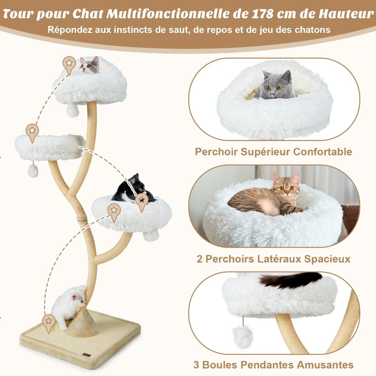 Arbre À Chat 178 CM Avec Cadre En Métal Incurvé Tour À Chat Avec 3 Balles Suspendues 3 Perchoirs Griffoir En Sisal Gris/Beige