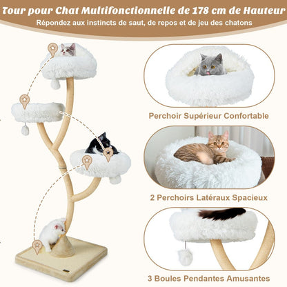 Arbre À Chat 178 CM Avec Cadre En Métal Incurvé Tour À Chat Avec 3 Balles Suspendues 3 Perchoirs Griffoir En Sisal Gris/Beige
