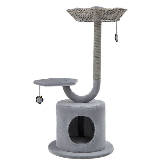 Arbre À Chat 106 CM Perchoir Condo Et 2 Balles Suspendues Tour À Chat Poteaux De Soutien En Métal Et Coussin Amovible Gris