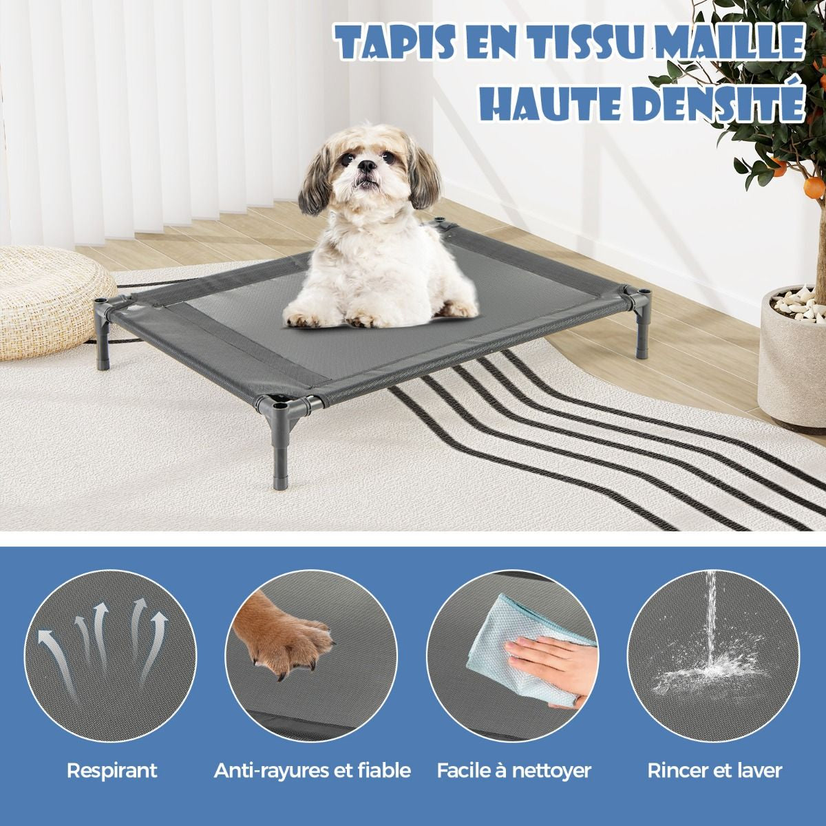 Niche Surélevée De 91 Cm Pour Petits Chiens Fenêtre Ventilée Housse Amovible Intérieur Extérieur Lit Pour Animaux De Compagnie Gris