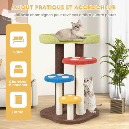 Arbre À Chat 3 En 1 Tour À Chat 5 Niveaux 3 Poteaux Entièrement Enveloppés De Sisal Tapis Et Plates-Formes Amovibles Motifs Champignons Coloré